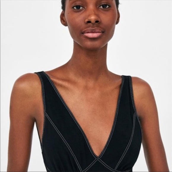 Zara black white topstitch Bodysuit Top NWT L - Picture 5 of 6
